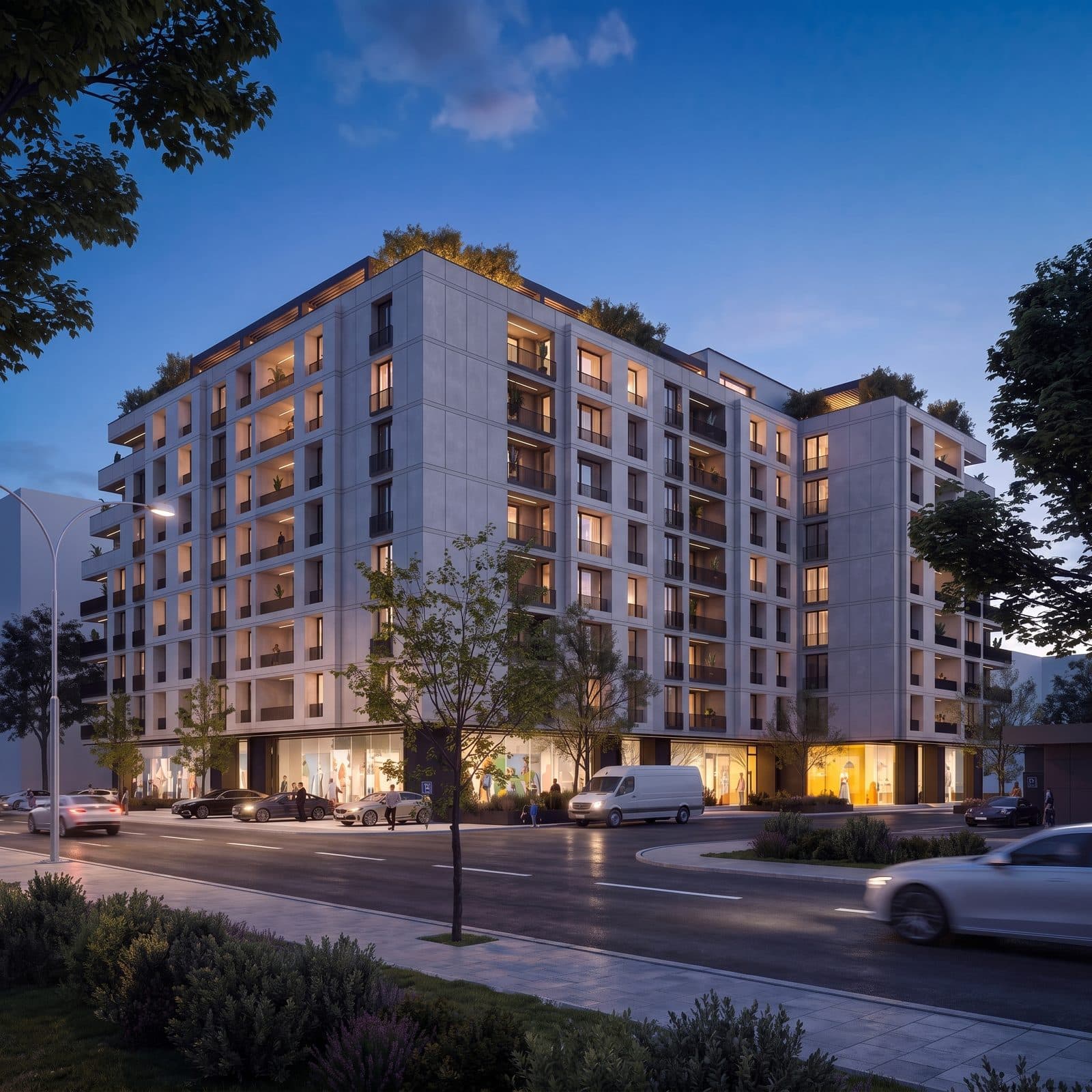 Tranzit Residence natën — ndriçimi i fasadës dhe lokalet, Tranziti i Ri